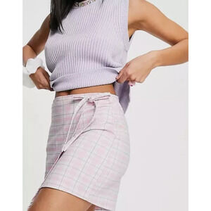 Hollister Pink Plaid Faux Wrap Stretch Skirt Size Small Preppy Academia Casual